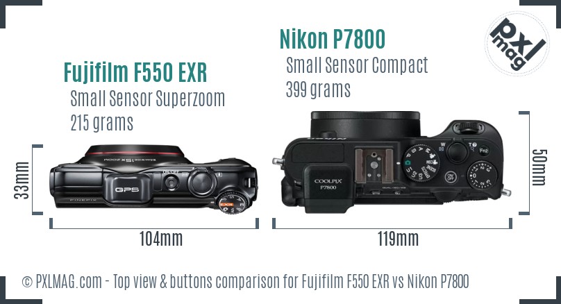 Fujifilm F550 EXR vs Nikon P7800 top view buttons comparison