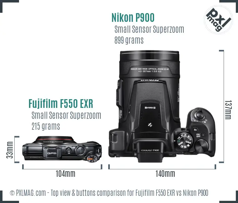 Fujifilm F550 EXR vs Nikon P900 top view buttons comparison