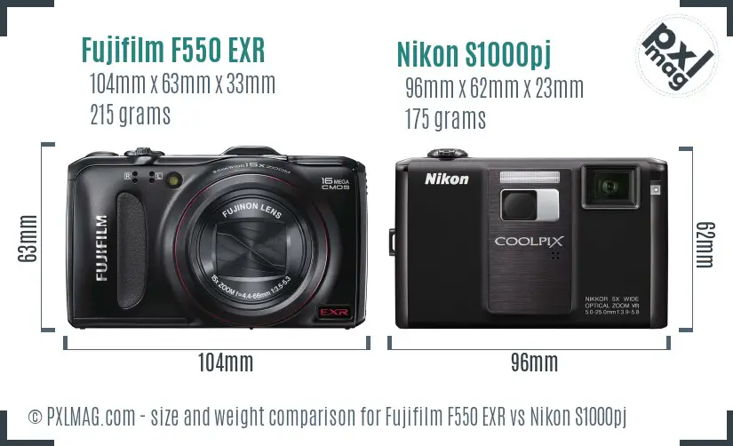 Fujifilm F550 EXR vs Nikon S1000pj size comparison