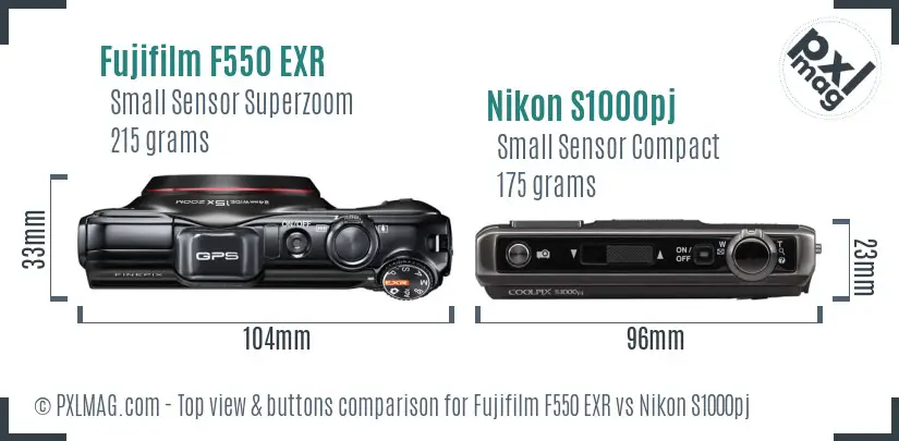 Fujifilm F550 EXR vs Nikon S1000pj top view buttons comparison