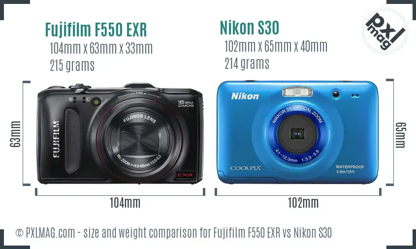 Fujifilm F550 EXR vs Nikon S30 size comparison