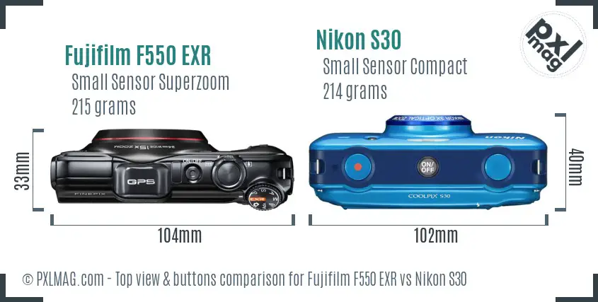Fujifilm F550 EXR vs Nikon S30 top view buttons comparison