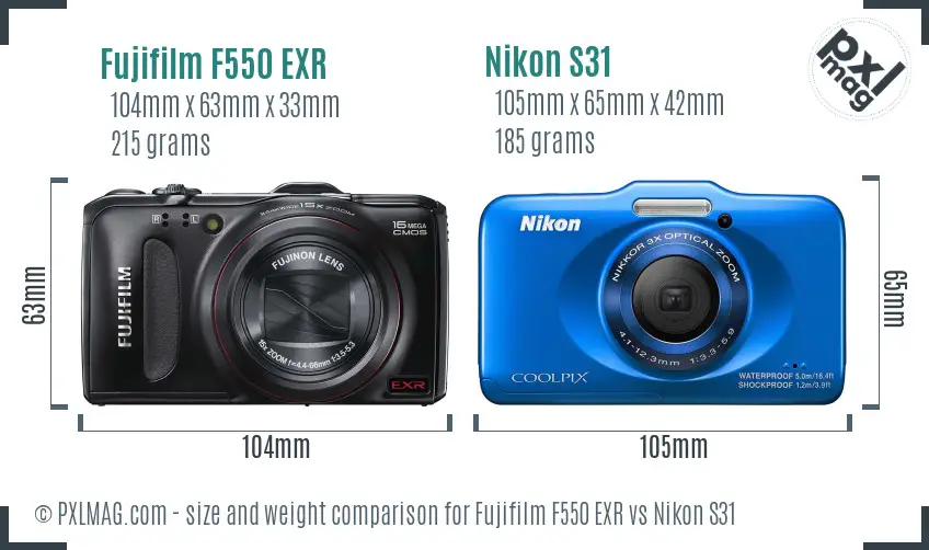 Fujifilm F550 EXR vs Nikon S31 size comparison