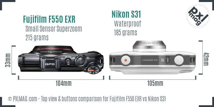 Fujifilm F550 EXR vs Nikon S31 top view buttons comparison