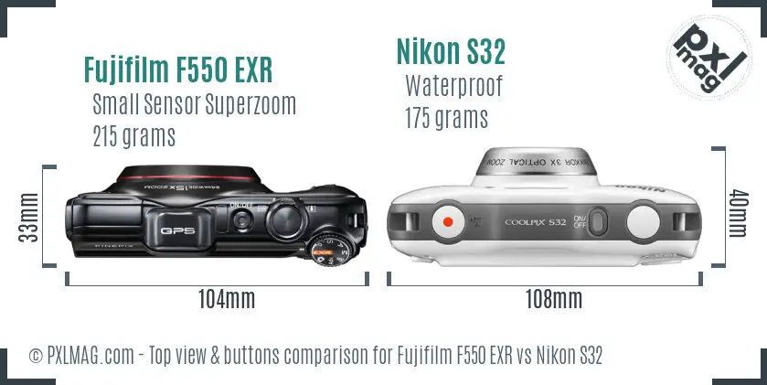 Fujifilm F550 EXR vs Nikon S32 top view buttons comparison