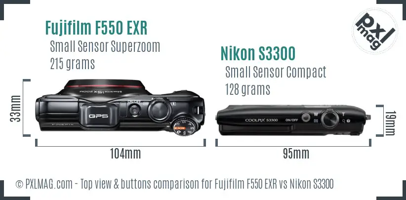 Fujifilm F550 EXR vs Nikon S3300 top view buttons comparison Fujifilm F550 EXR vs Nikon S3300 top view buttons comparison