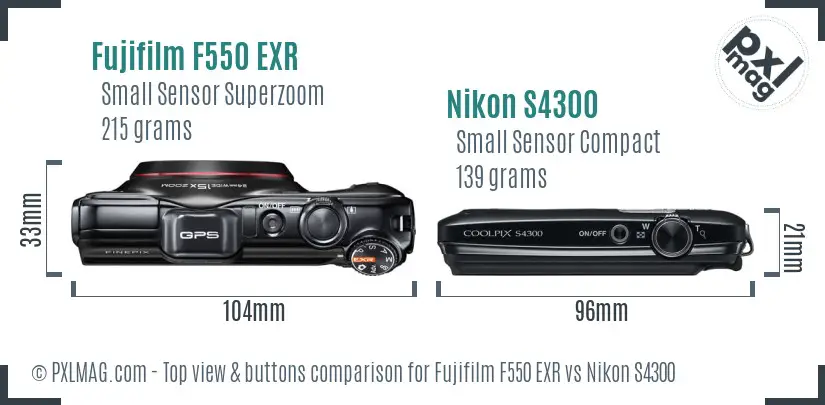 Fujifilm F550 EXR vs Nikon S4300 top view buttons comparison Fujifilm F550 EXR vs Nikon S4300 top view buttons comparison
