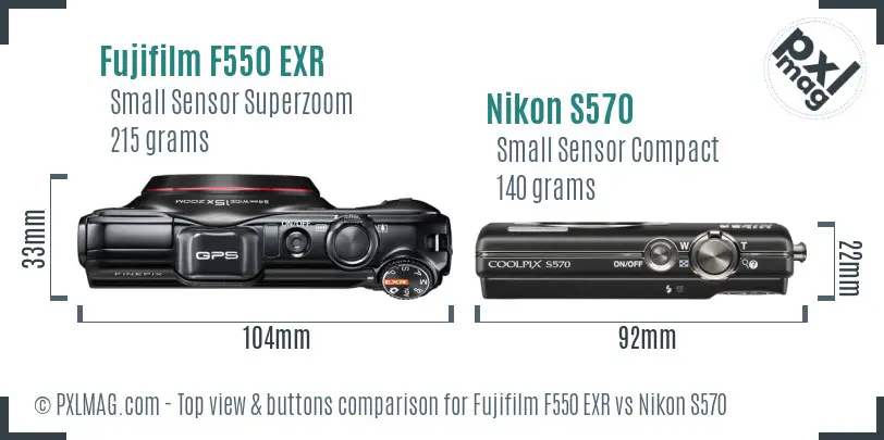 Fujifilm F550 EXR vs Nikon S570 top view buttons comparison