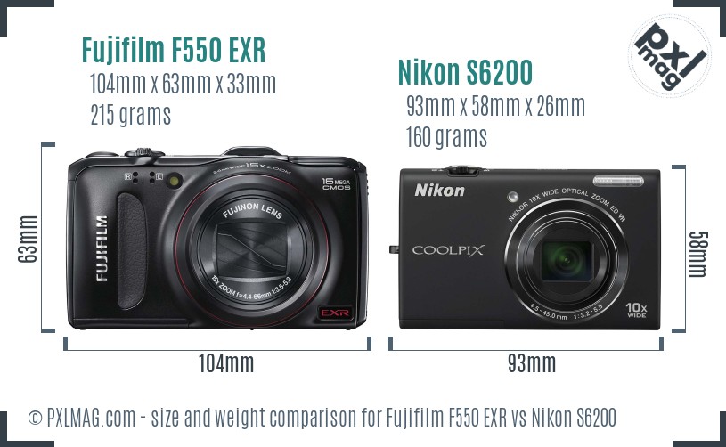 Fujifilm F550 EXR vs Nikon S6200 size comparison