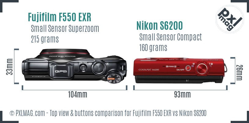 Fujifilm F550 EXR vs Nikon S6200 top view buttons comparison