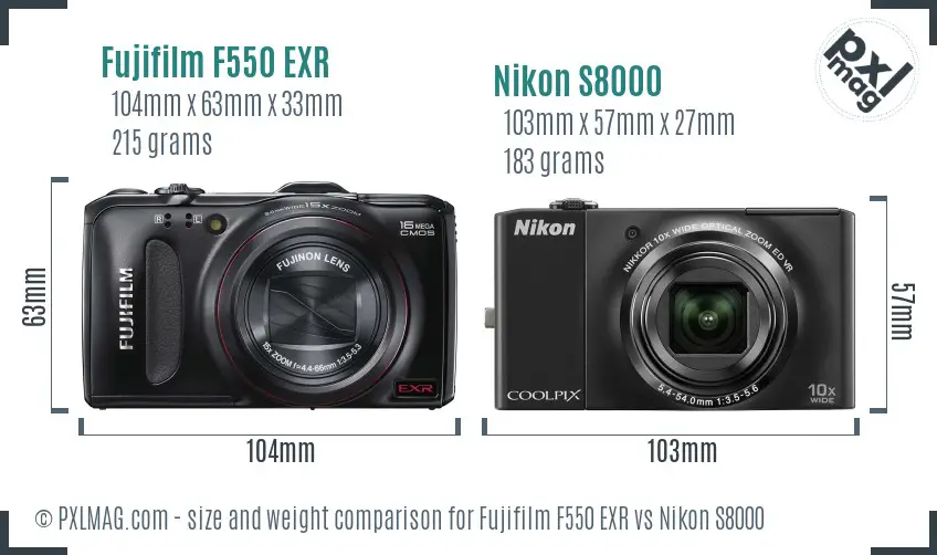 Fujifilm F550 EXR vs Nikon S8000 size comparison