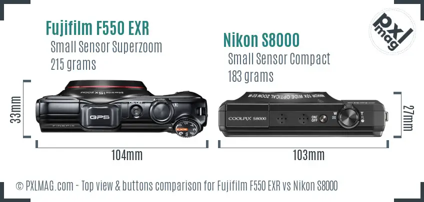 Fujifilm F550 EXR vs Nikon S8000 top view buttons comparison