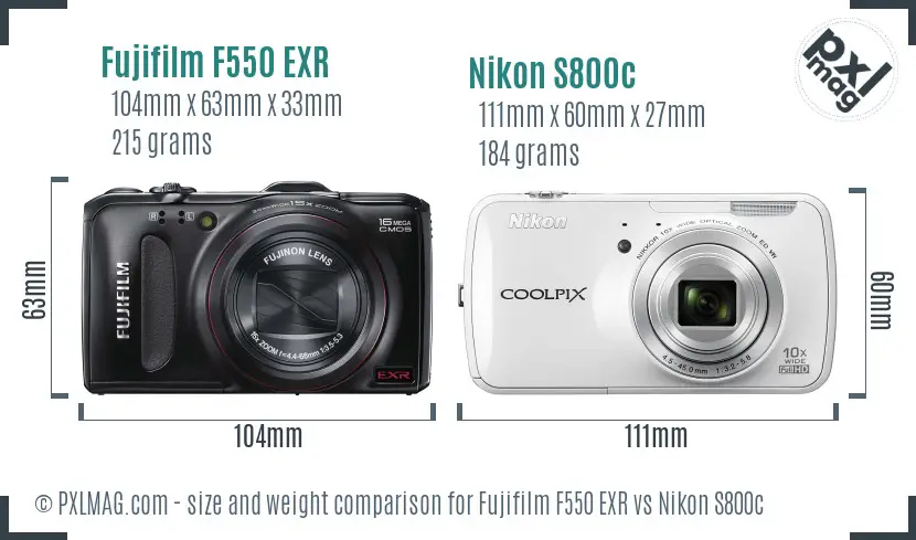 Fujifilm F550 EXR vs Nikon S800c size comparison