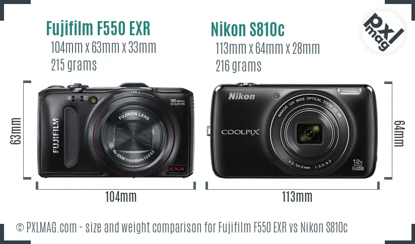 Fujifilm F550 EXR vs Nikon S810c size comparison
