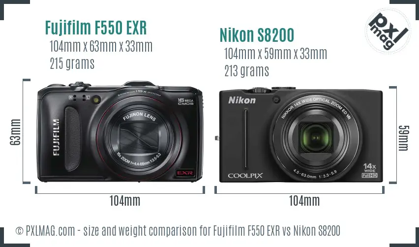 Fujifilm F550 EXR vs Nikon S8200 size comparison