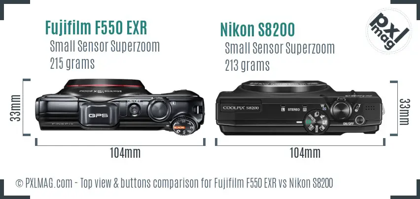 Fujifilm F550 EXR vs Nikon S8200 top view buttons comparison