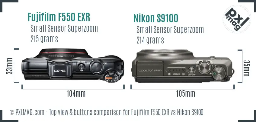 Fujifilm F550 EXR vs Nikon S9100 top view buttons comparison