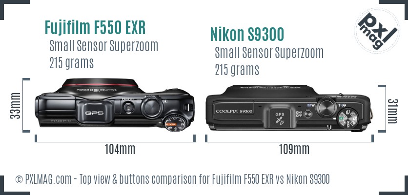 Fujifilm F550 EXR vs Nikon S9300 top view buttons comparison