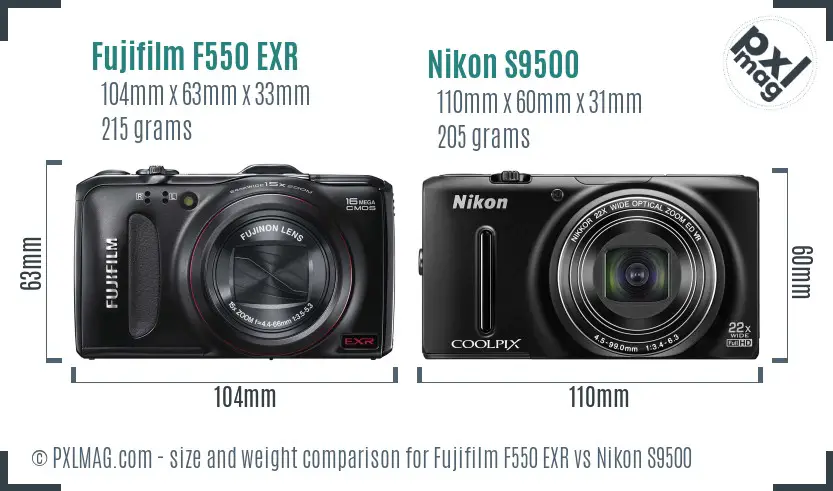 Fujifilm F550 EXR vs Nikon S9500 size comparison