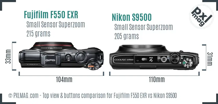 Fujifilm F550 EXR vs Nikon S9500 top view buttons comparison