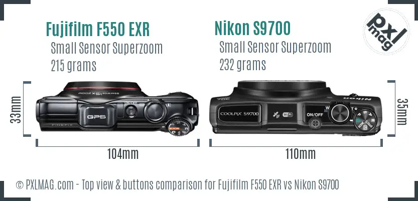 Fujifilm F550 EXR vs Nikon S9700 top view buttons comparison Fujifilm F550 EXR vs Nikon S9700 top view buttons comparison