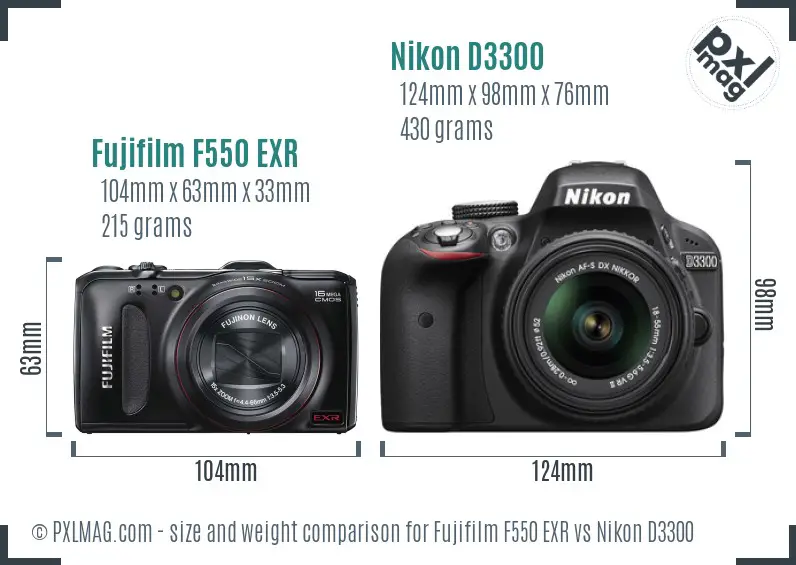 Fujifilm F550 EXR vs Nikon D3300 size comparison