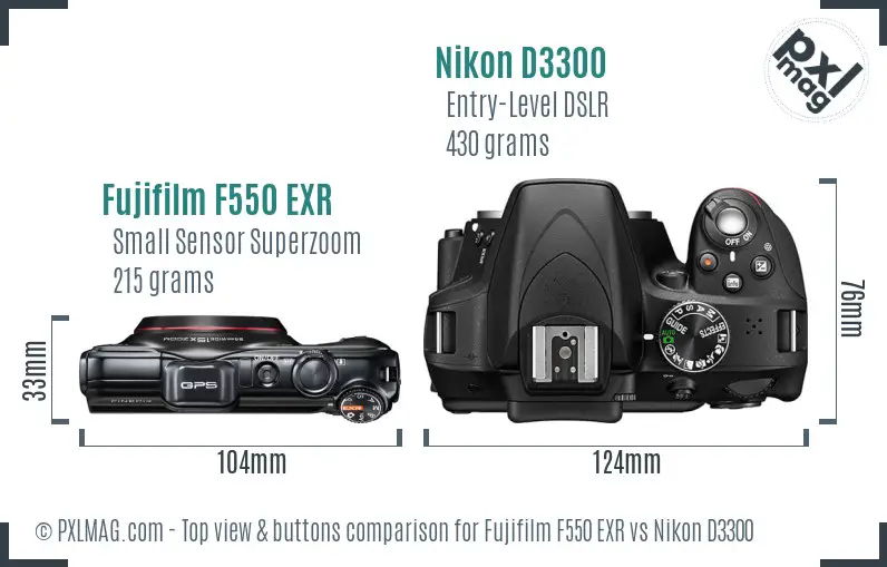 Fujifilm F550 EXR vs Nikon D3300 top view buttons comparison
