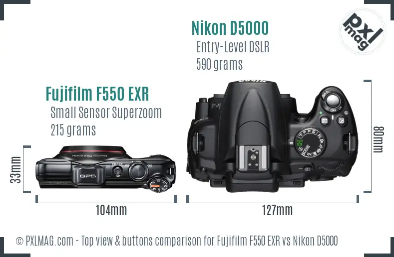 Fujifilm F550 EXR vs Nikon D5000 top view buttons comparison
