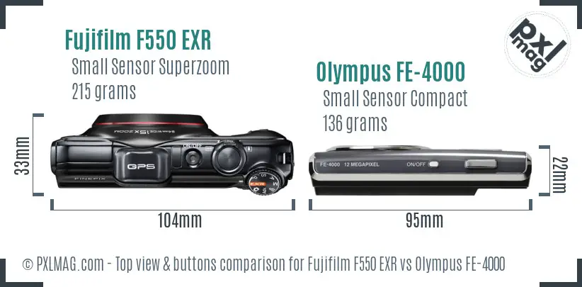 Fujifilm F550 EXR vs Olympus FE-4000 top view buttons comparison Fujifilm F550 EXR vs Olympus FE-4000 top view buttons comparison