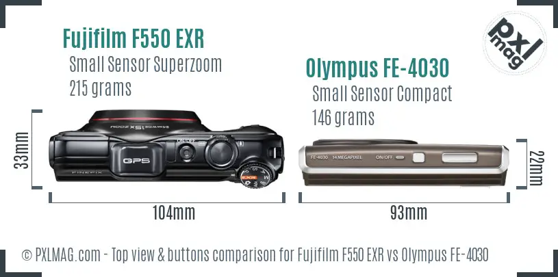 Fujifilm F550 EXR vs Olympus FE-4030 top view buttons comparison Fujifilm F550 EXR vs Olympus FE-4030 top view buttons comparison
