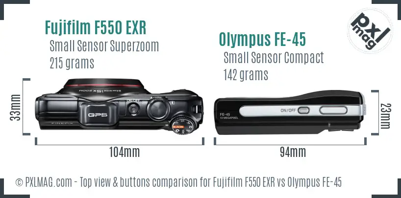 Fujifilm F550 EXR vs Olympus FE-45 top view buttons comparison Fujifilm F550 EXR vs Olympus FE-45 top view buttons comparison