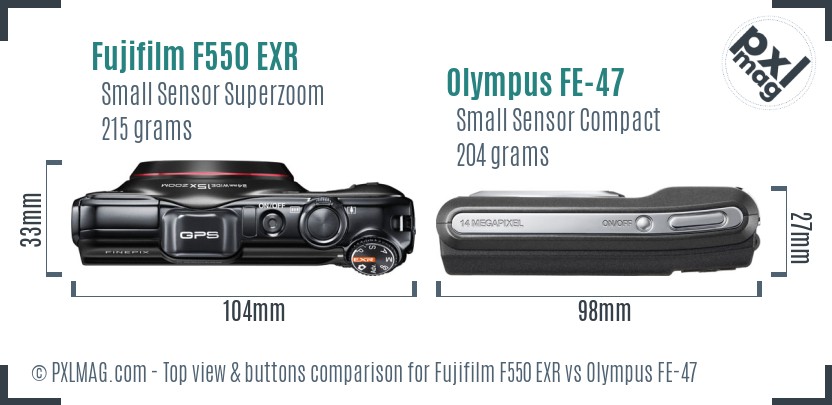 Fujifilm F550 EXR vs Olympus FE-47 top view buttons comparison