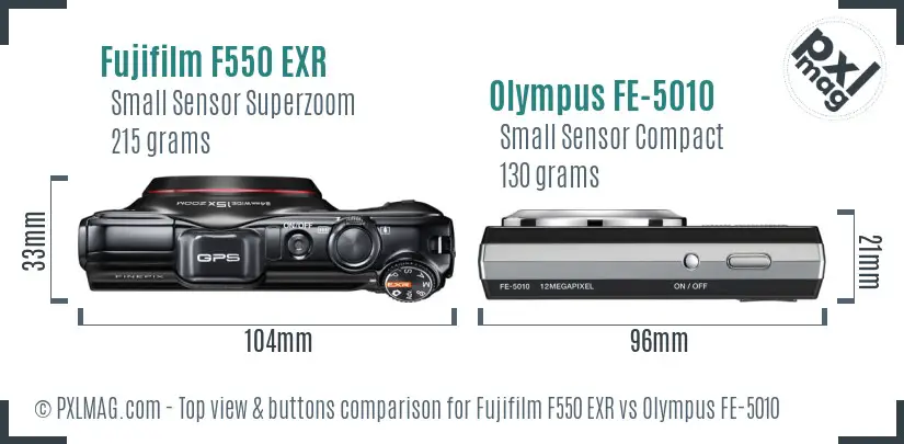 Fujifilm F550 EXR vs Olympus FE-5010 top view buttons comparison Fujifilm F550 EXR vs Olympus FE-5010 top view buttons comparison