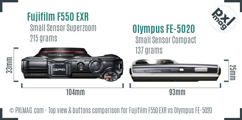 Fujifilm F550 EXR vs Olympus FE-5020 top view buttons comparison Fujifilm F550 EXR vs Olympus FE-5020 top view buttons comparison
