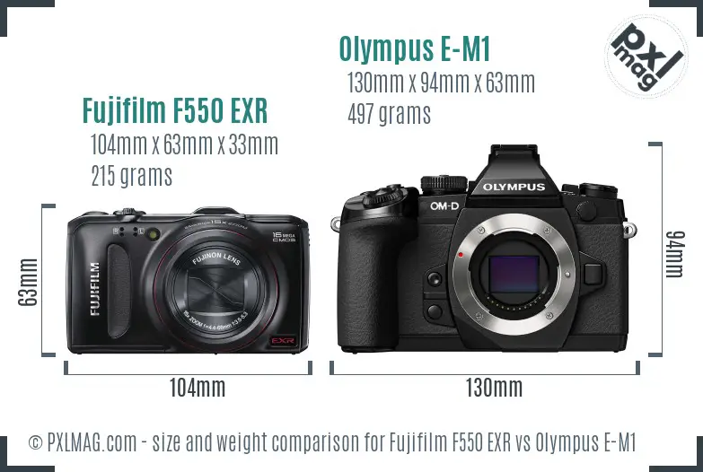 Fujifilm F550 EXR vs Olympus E-M1 size comparison