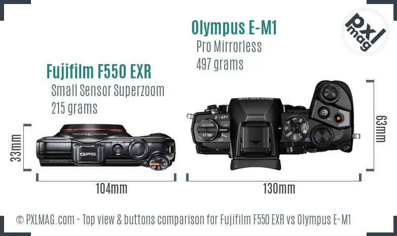 Fujifilm F550 EXR vs Olympus E-M1 top view buttons comparison