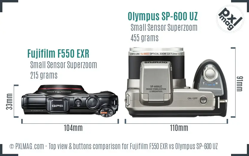 Fujifilm F550 EXR vs Olympus SP-600 UZ top view buttons comparison