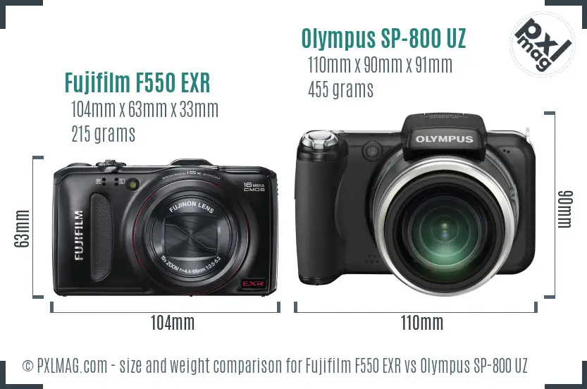 Fujifilm F550 EXR vs Olympus SP-800 UZ size comparison Fujifilm F550 EXR vs Olympus SP-800 UZ size comparison