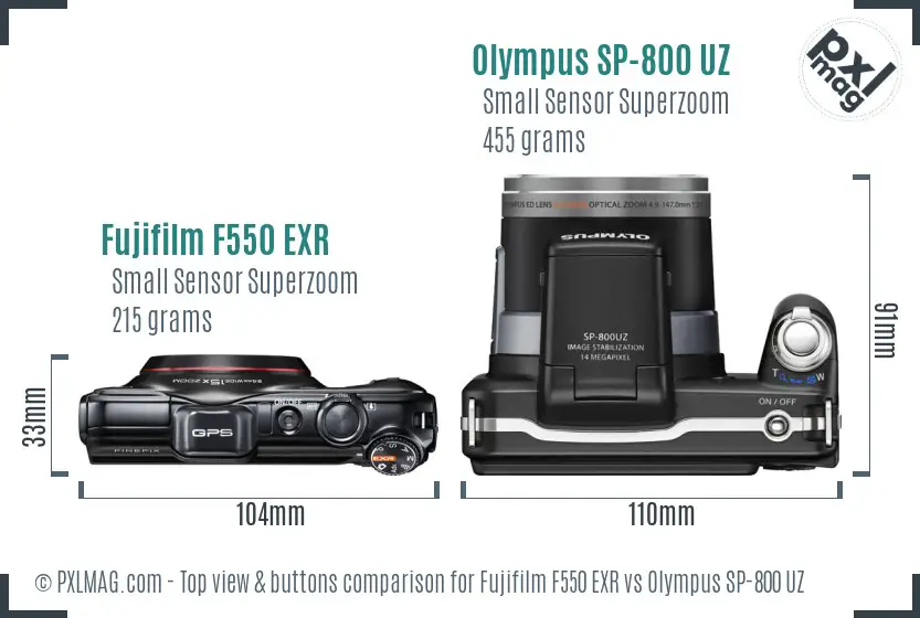 Fujifilm F550 EXR vs Olympus SP-800 UZ top view buttons comparison Fujifilm F550 EXR vs Olympus SP-800 UZ top view buttons comparison