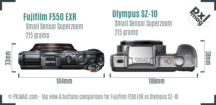 Fujifilm F550 EXR vs Olympus SZ-10 top view buttons comparison