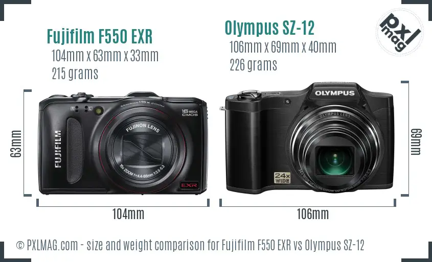 Fujifilm F550 EXR vs Olympus SZ-12 size comparison