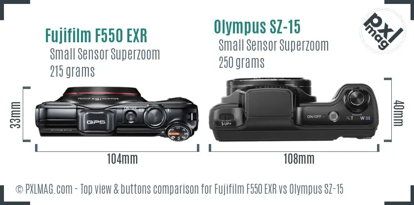 Fujifilm F550 EXR vs Olympus SZ-15 top view buttons comparison