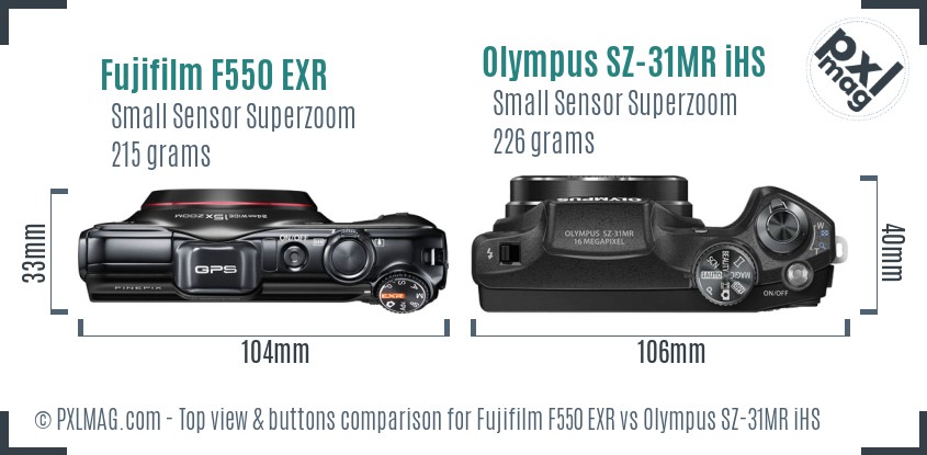 Fujifilm F550 EXR vs Olympus SZ-31MR iHS top view buttons comparison