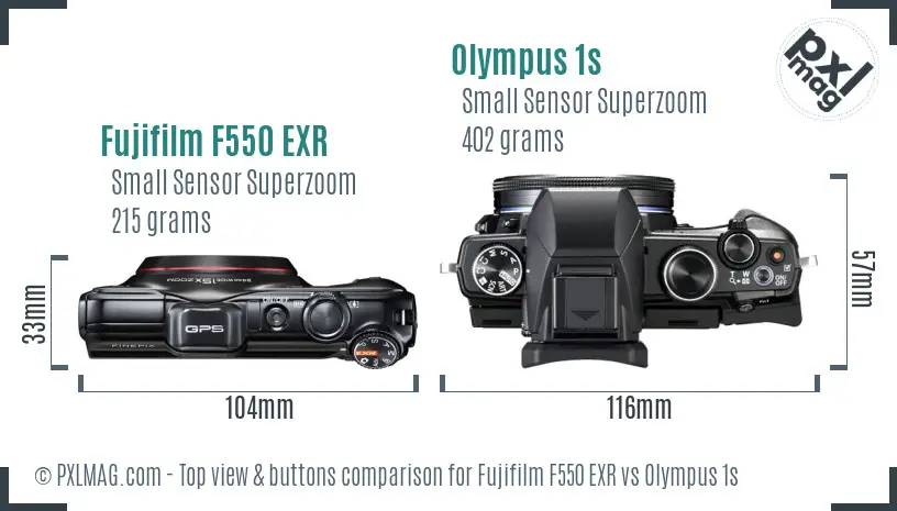 Fujifilm F550 EXR vs Olympus 1s top view buttons comparison Fujifilm F550 EXR vs Olympus 1s top view buttons comparison