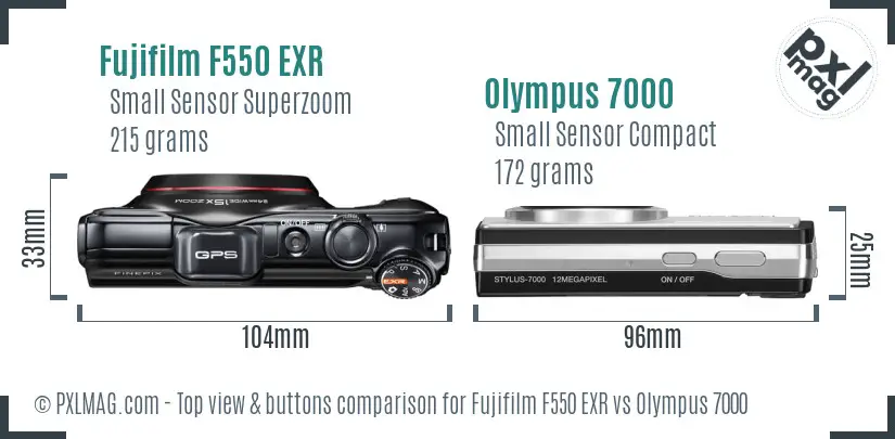 Fujifilm F550 EXR vs Olympus 7000 top view buttons comparison Fujifilm F550 EXR vs Olympus 7000 top view buttons comparison
