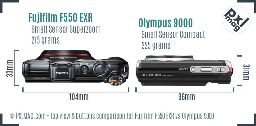 Fujifilm F550 EXR vs Olympus 9000 top view buttons comparison Fujifilm F550 EXR vs Olympus 9000 top view buttons comparison