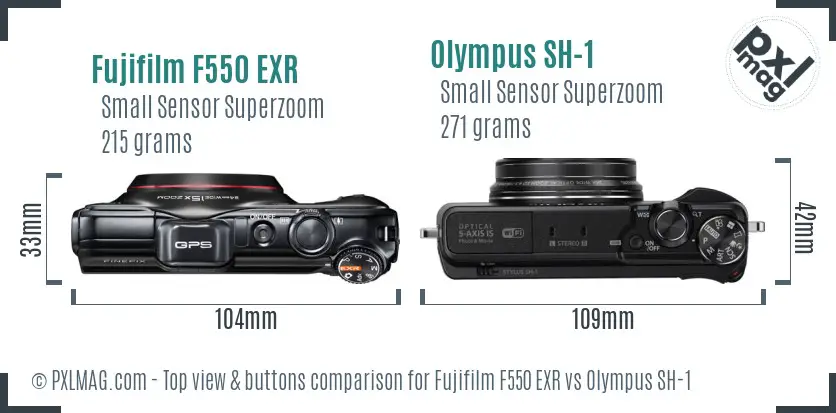 Fujifilm F550 EXR vs Olympus SH-1 top view buttons comparison