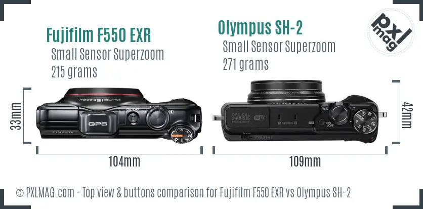 Fujifilm F550 EXR vs Olympus SH-2 top view buttons comparison