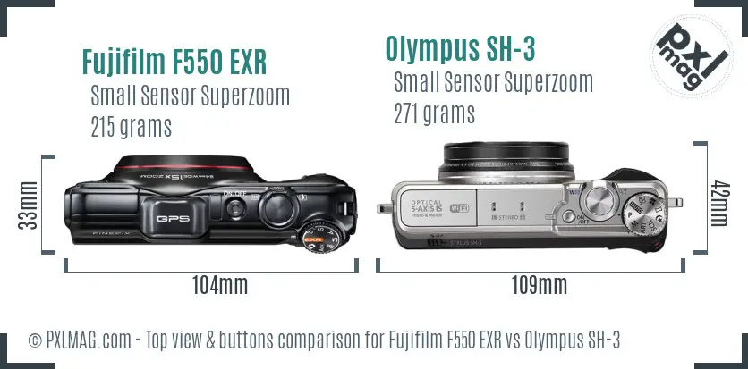 Fujifilm F550 EXR vs Olympus SH-3 top view buttons comparison