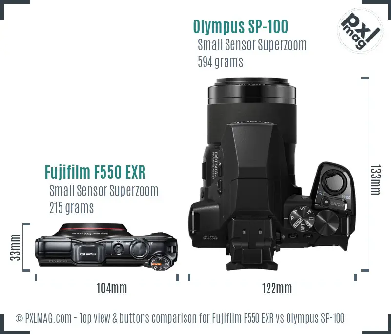 Fujifilm F550 EXR vs Olympus SP-100 top view buttons comparison